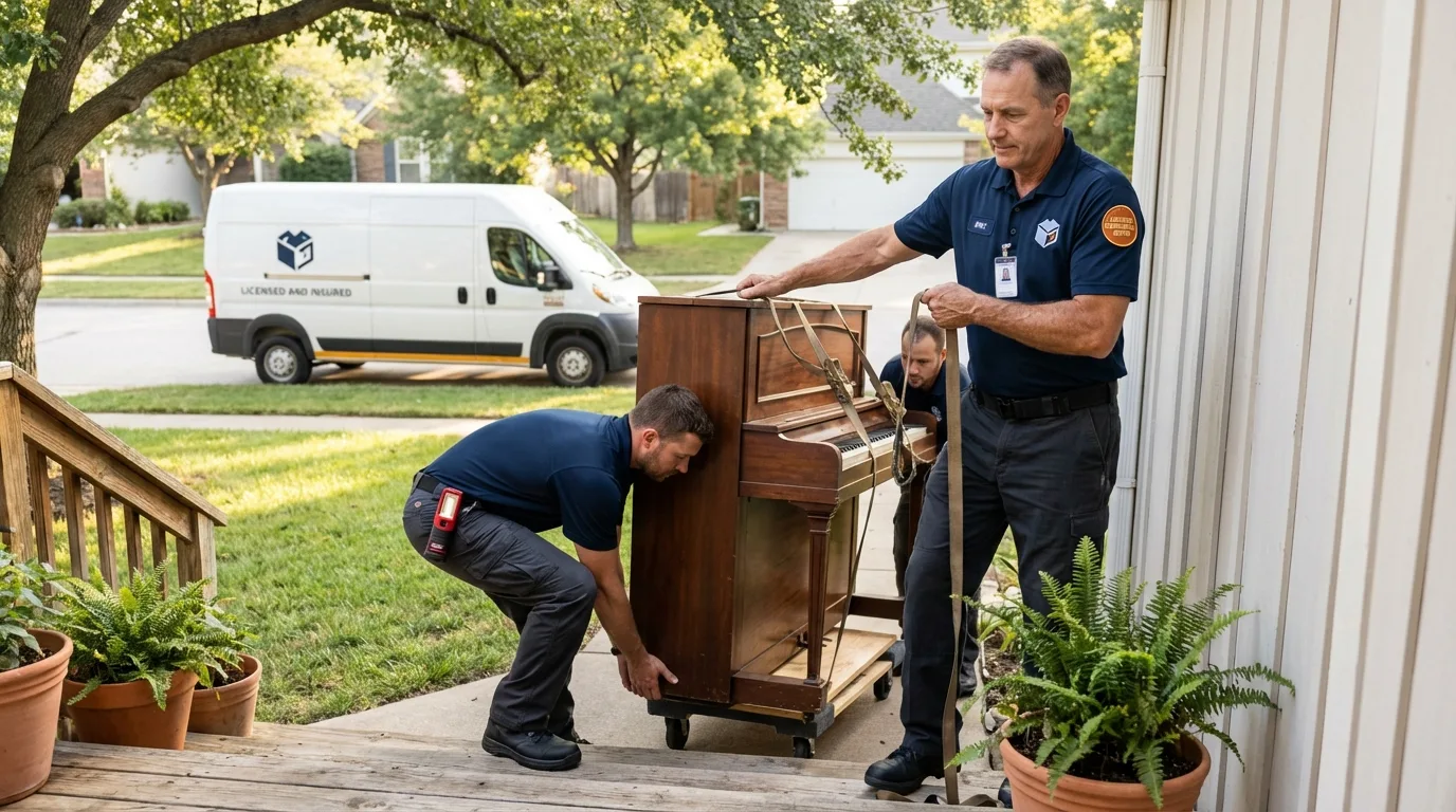 Licensed piano movers securing grand piano in Cobb, CA