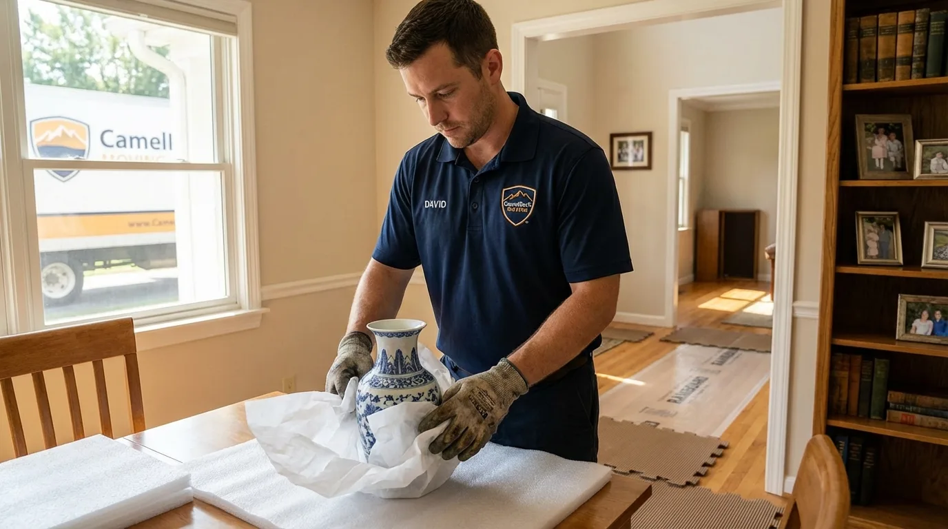 Professional crew carefully wrapping antique vase for senior downsizing move in Cobb, CA